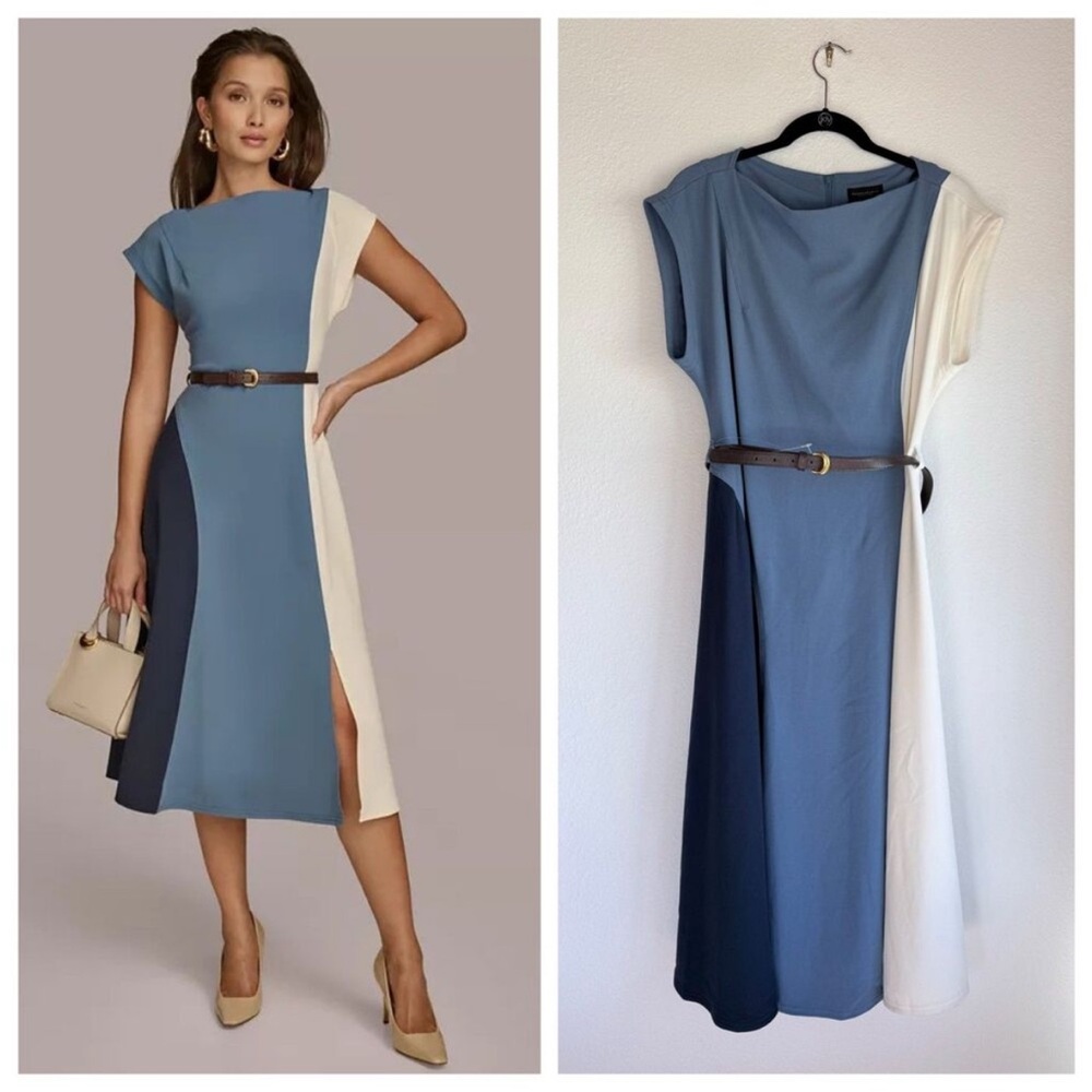 NEW Donna Karan NY Women's Colorblocked A-Line Dress in Navy, Blue & White Sz 12